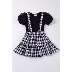 Black plaid strap dress set